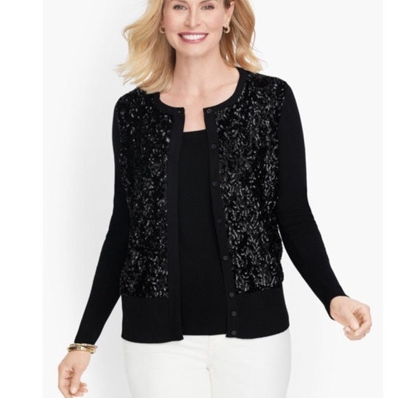 EUC Talbots Black Silk Cashmere Sequin Sweater Cardigan Size Medium - Picture 1 of 9